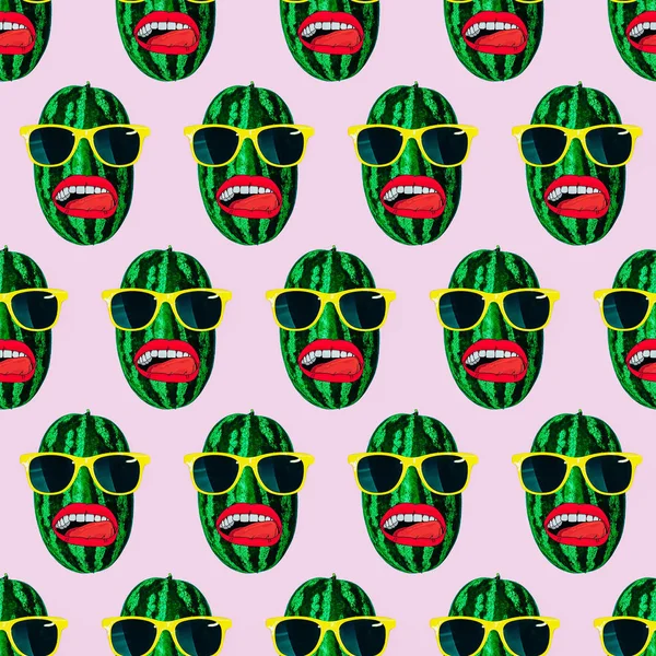Seamless fashion watermelon pattern Use for t-shirt, greeting cards, wrapping paper, posters, fabric print. Minimal flat lay. Summer pattern style — Stock Image Seamless Fashion Watermelon Pattern Use Shirt Greeting Cards Wrapping Paper Stock Image