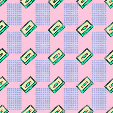 Seamless modeli. Kaset retro arka plan. Ambalaj Kağıt, posterler, kumaş baskı tişört, tebrik kartları için kullanın. Moda kroki en az yenilikçi sanat