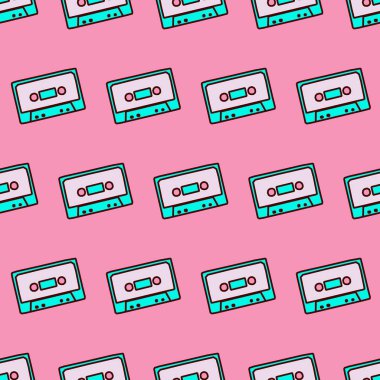 Seamless modeli. En az kaset retro arka plan. Ambalaj Kağıt, posterler, kumaş baskı tişört, tebrik kartları için kullanın. Moda kroki yenilikçi sanat