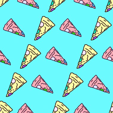 Seamless modeli. En az Pizza arka plan. Ambalaj Kağıt, posterler, kumaş baskı tişört, tebrik kartları için kullanın. Moda Hipster illüstrasyon
