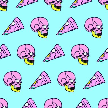 Seamless modeli. En az Pizza ve kafatası arka plan. Ambalaj Kağıt, posterler, kumaş baskı tişört, tebrik kartları için kullanın. Moda Hipster kroki