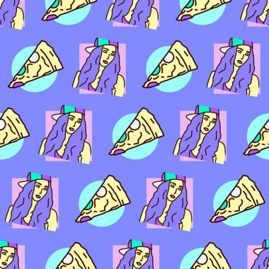 Dikişsiz desen sanat. Kız ve Pizza arka plan. Ambalaj Kağıt, posterler, kumaş baskı tişört, tebrik kartları için kullanın. Moda hipster Tasarımcısı kroki