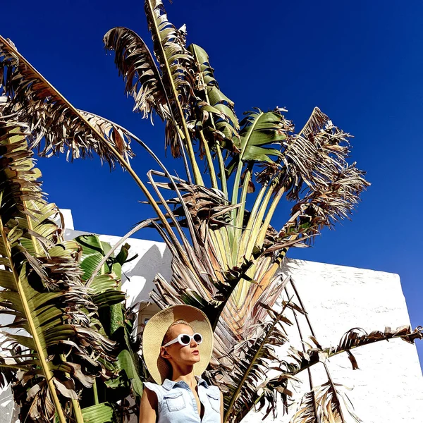 时尚饰品女士 在棕榈位置的帽子和太阳镜 仅海滩共鸣 — 图库照片