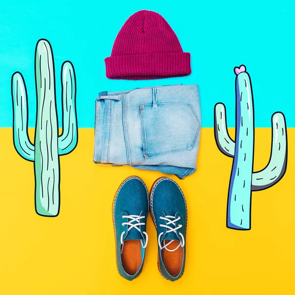 Fashionable Platform Shoes and beanie cap. Hipster jeans look. Funny flat lay art