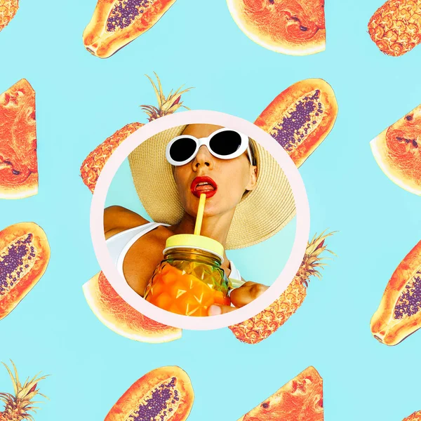 Collage Smoothies Frais Fille Dans Des Accessoires Élégants Chapeau Lunettes — Photo