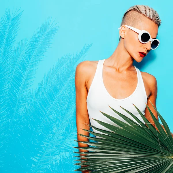 Stylish Blonde Model White Swimsuit Beach Tropical Vibes — Stock Photo, Image