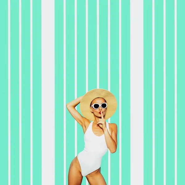 Girl Fashion White Swimsuit Accessories Minimal Geometry Beach Style — Stock Photo, Image