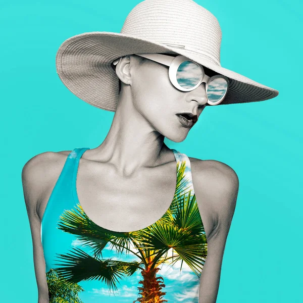 Collage Art Elegante Lady Accessori Spiaggia Cappello Occhiali Sole Concetto — Foto Stock