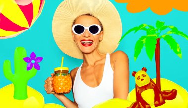 Renkli tatil kavramı. Lady Beach tarzı. Yaz en az eğlenceli sanat