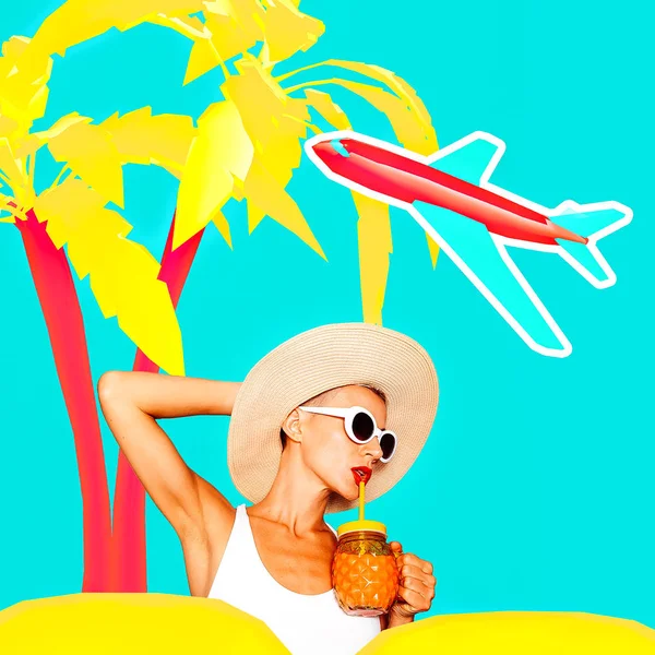 Mijn Kleurrijke Vakantie Concept Lady Strand Stijl Zomer Minimal Art — Stockfoto