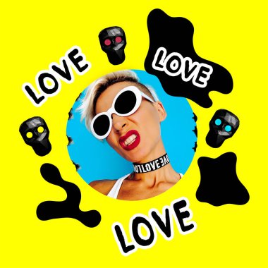 Şık bir gerdanlık oynak sarışın. Kolaj tasarım sanat. Aşk ya da ölüm