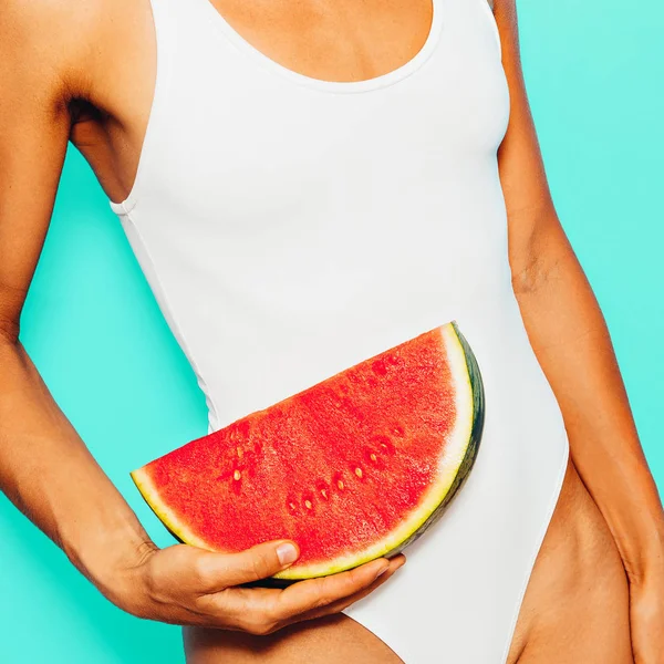 Girl White Swimsuit Watermelon Fresh Summer Trend — Stock Photo, Image