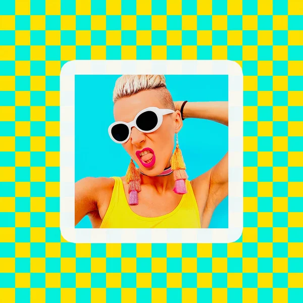 Şık sarışın trendy yaz aksesuarları. Güneş gözlüğü, gerdanlık, küpe. Moda geometri kolaj sanat