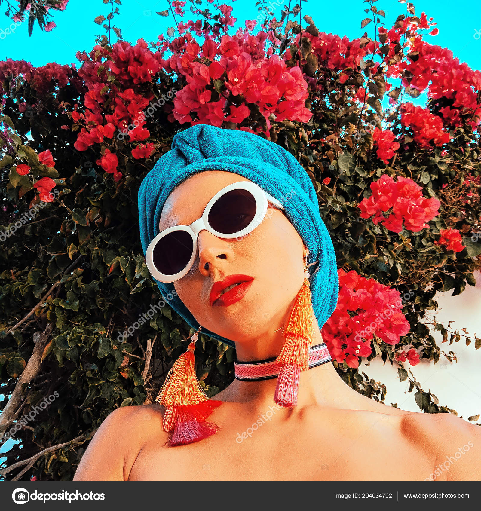 Lady Fashion Beach Accessories Head Scarf Sunglasses Earrings Beach Fashion Stock Photo Image By C Porechenskaya 204034702