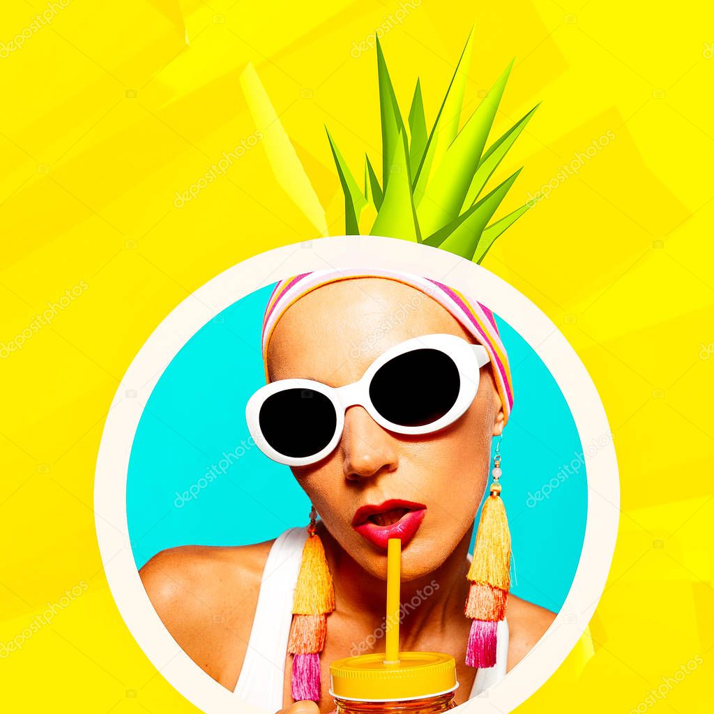 Stylish Vacation Lady in trendy beach look and smoothie cocktail. Beach Party vibes.