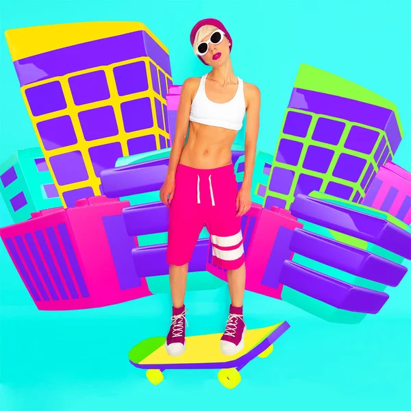 滑板时尚女孩在城市2D 的位置 简约时尚多彩拼贴画艺术 — 图库照片