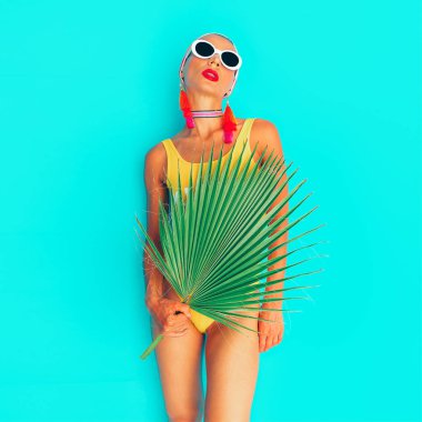 Beach Girl fashion tropical look. Stylish swimsuit and trendy accessories clipart