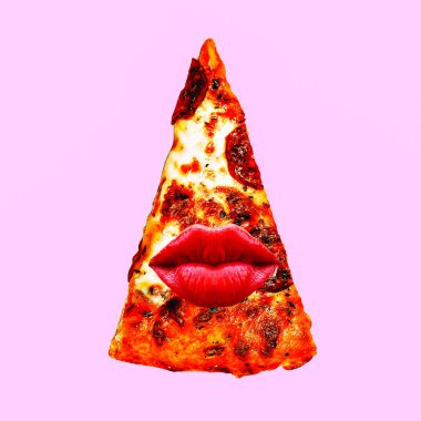 Çağdaş görsel sanat kolaj. En az kavramı. Pizza ve dudaklar. Pizza öpücük