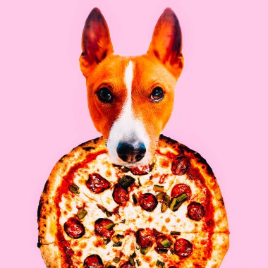 Çağdaş görsel sanat kolaj. En az kavramı. Kafası köpek ve pizza