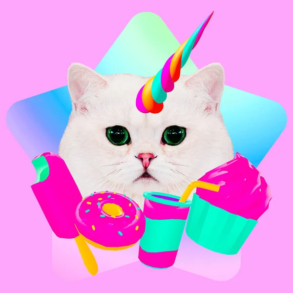 Contemporary Fun Art Collage Minimal Concept Candy Lover Pussy Unicorn — Stock Photo, Image