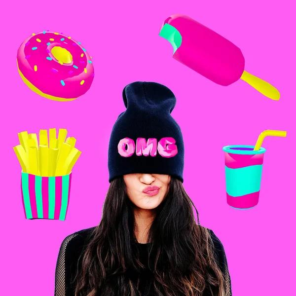 Collage Zeitgenössischer Kunst Minimalkonzept Mädchen Und Ernährungskonzept Fast Food Liebhaber — Stockfoto