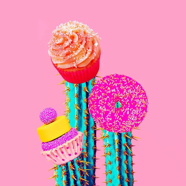 Contemporary art collage. Minimal concept.  Candy sweet cactus art