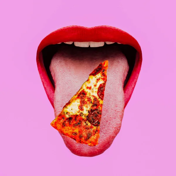 Colagem Arte Contemporânea Conceito Mínimo Amante Pizza Boca Pizza — Fotografia de Stock