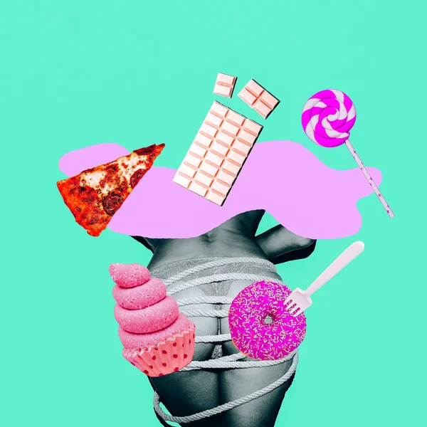 Collage Arte Contemporáneo Concepto Mínimo Qué Hay Dieta Chica Comida — Foto de Stock