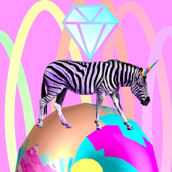 Contemporary Visual Art Collage Minimal Concept Zebra Also Unicorn Lol — Stock Photo, Image