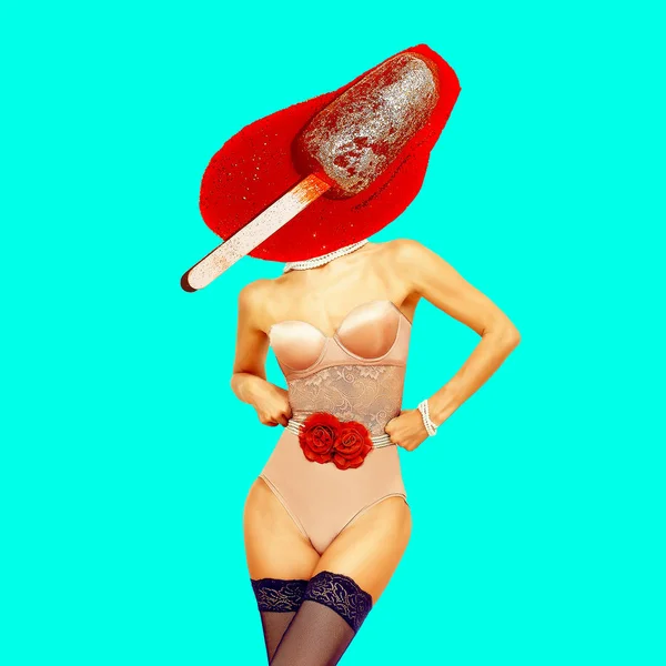 Contemporary art  collage. Lady Ice cream Funny Fast food minimal project