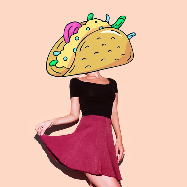 Çağdaş Sanat Kolaj Bayan Taco Komik Fast Food Proje — Stok fotoğraf