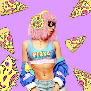 Çağdaş sanat kolaj. Kız Pizza seviyor. Komik Fast food en az proje