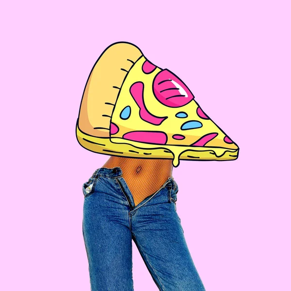 現代美術のコラージュ ピザ少女 面白いファーストフード最小限のプロジェクト — ストック写真