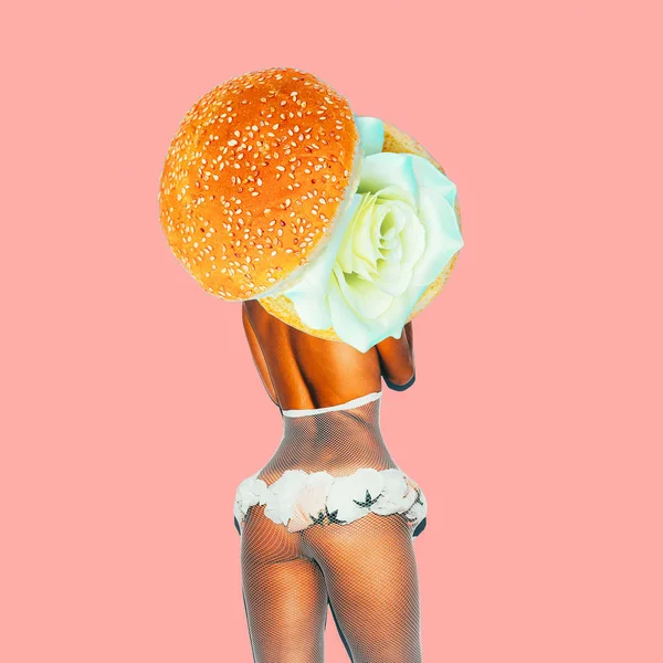 Samtida Konst Kollage Burger Sensuell Kvinna Rolig Snabbmat Minimal Projekt — Stockfoto