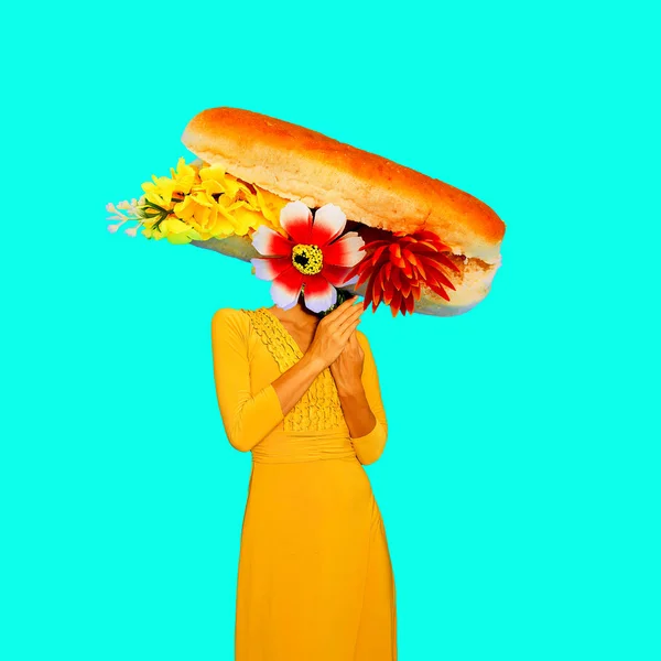 現代美術の最小限のコラージュ ヴィンテージ女性サンドイッチ 面白いファーストフード最小限のプロジェクト — ストック写真