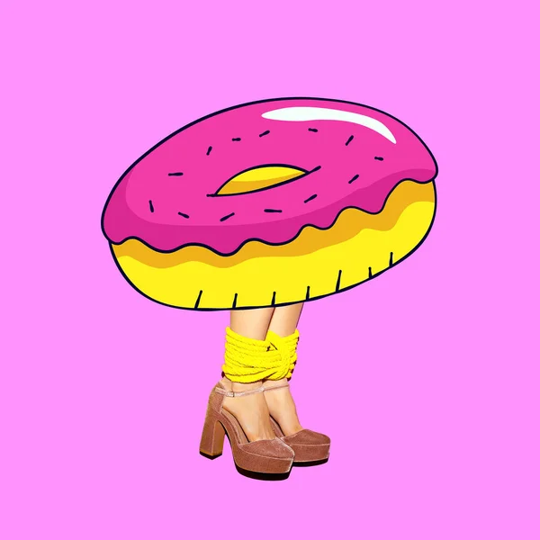 Arte Contemporânea Colagem Minimal Donut Dependente Lady Projeto Mínimo Engraçado — Fotografia de Stock