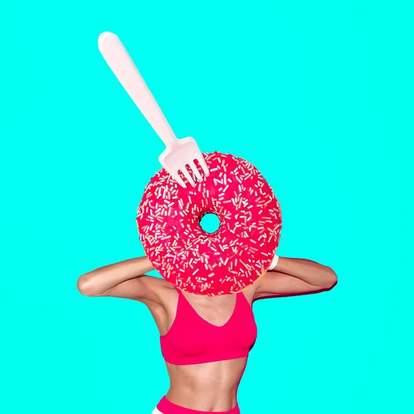 Contemporary art minimal collage. Donut lover. Funny Fast food minimal project