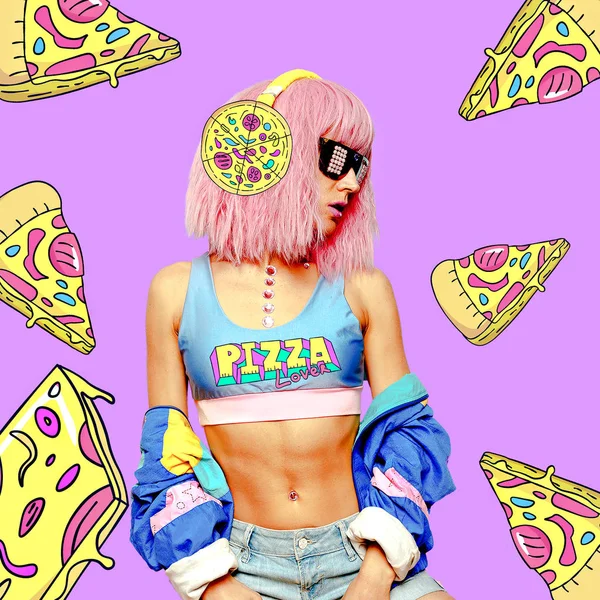 当代艺术拼贴画 女孩喜欢比萨饼 滑稽快餐小项目 — 图库照片