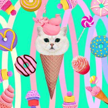 Kitty şeker sever. Çağdaş sanat kolaj. Komik Fast food proje