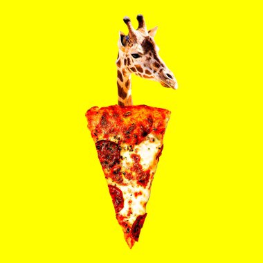 Zürafa pizza ruh hali. Çağdaş sanat kolaj. Komik Fast food proje