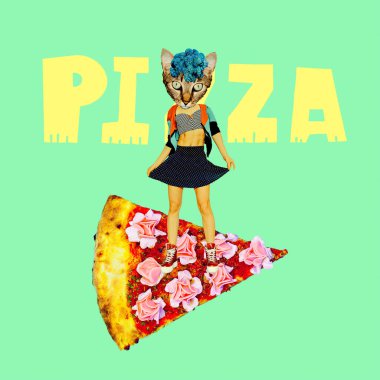 Güzel pizza üzerinde sörf kedi. Çağdaş sanat kolaj. Komik Fast food proje