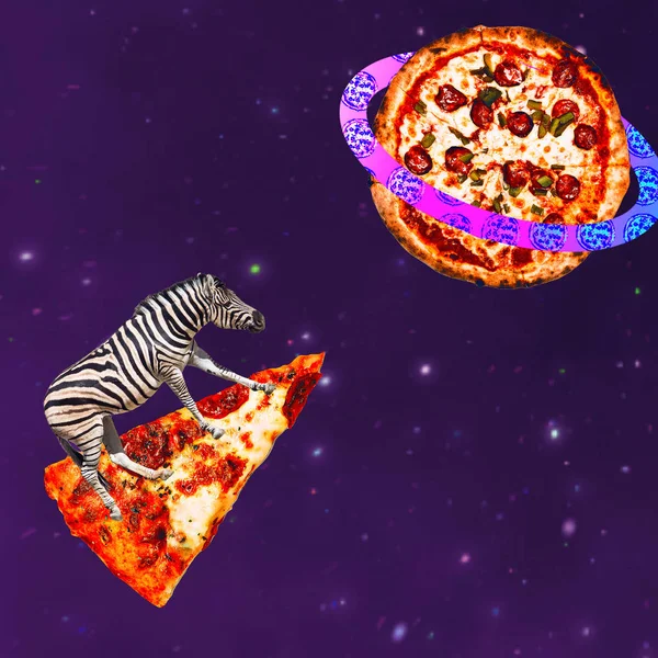 Zebra Vliegt Pizza Pizza Universum Hedendaagse Kunst Collage Grappige Fastfood — Stockfoto