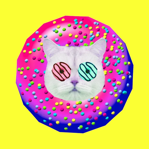 甜甜圈猫 甜甜圈的心情 当代艺术拼贴画 滑稽快餐项目 — 图库照片