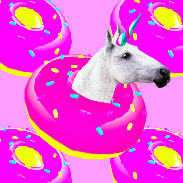 Amante Donuts Unicórnio Colagem Arte Contemporânea Projeto Engraçado Fast Food — Fotografia de Stock