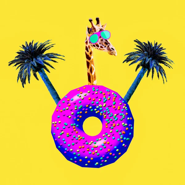 Giraffe Tropic Donut Stemming Hedendaagse Kunst Collage Grappige Fastfood Project — Stockfoto