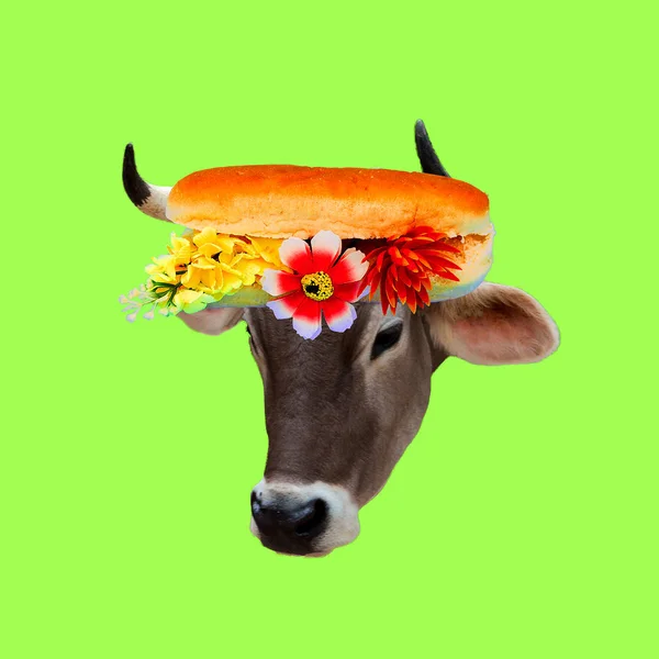 Flores Sanduíche Vaca Colagem Arte Contemporânea Projeto Engraçado Fast Food — Fotografia de Stock
