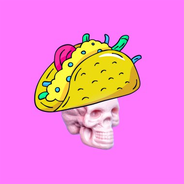 Çağdaş sanat kolaj. Tacos Meksika kafatası komik hızlı yiyecek çok az projesi