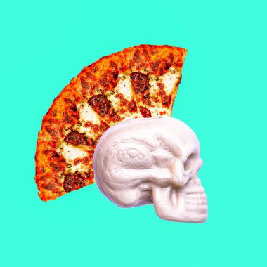 Çağdaş sanat kolaj. Pizza punk kurukafa. Fast food en az proje