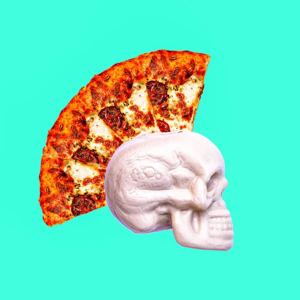 Colagem Arte Contemporânea Crânio Punk Pizza Fast Food Projeto Mínimo — Fotografia de Stock