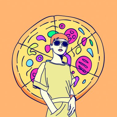 Çağdaş sanat kolaj illüstrasyon. Pizza Bayan sevgilisi. Fast food en az proje